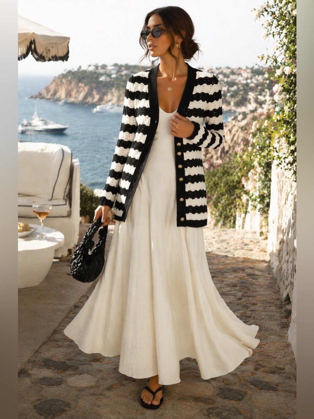 L'AGENCE Striped Joan Knit Cardigan Plunging v-neck Button Front No Size Tag‎ LG